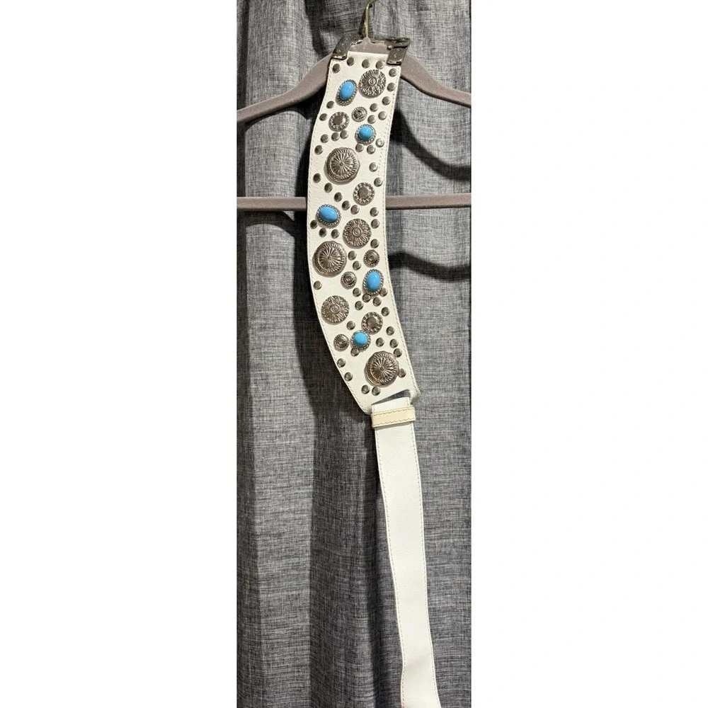 Rare Vintage White Leather Turquoise & Medallion Belt Womens OSFM Southwest